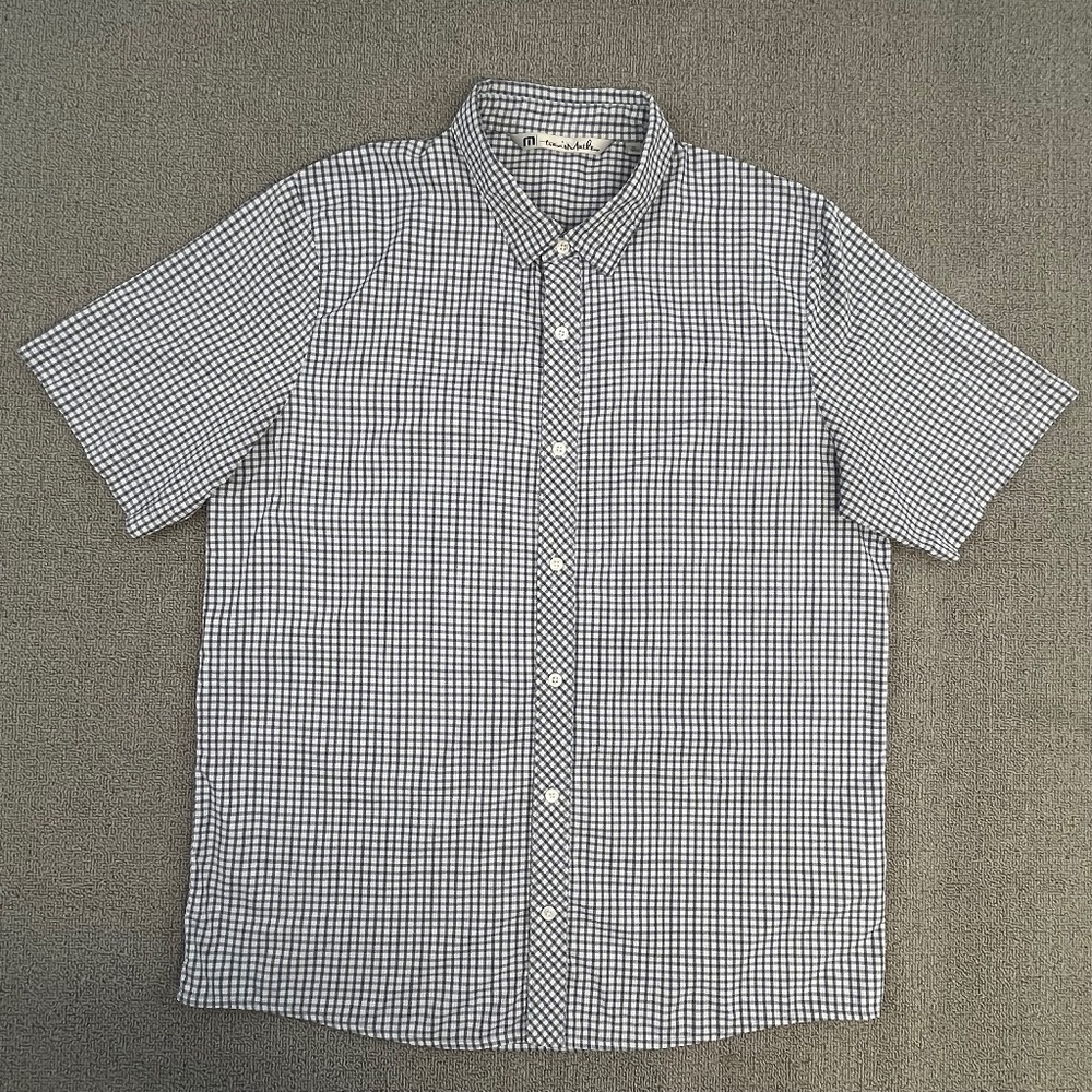 Travis Mathew Shirt Extra Large Blue Button Up Check Short Sleeve Preppy Men